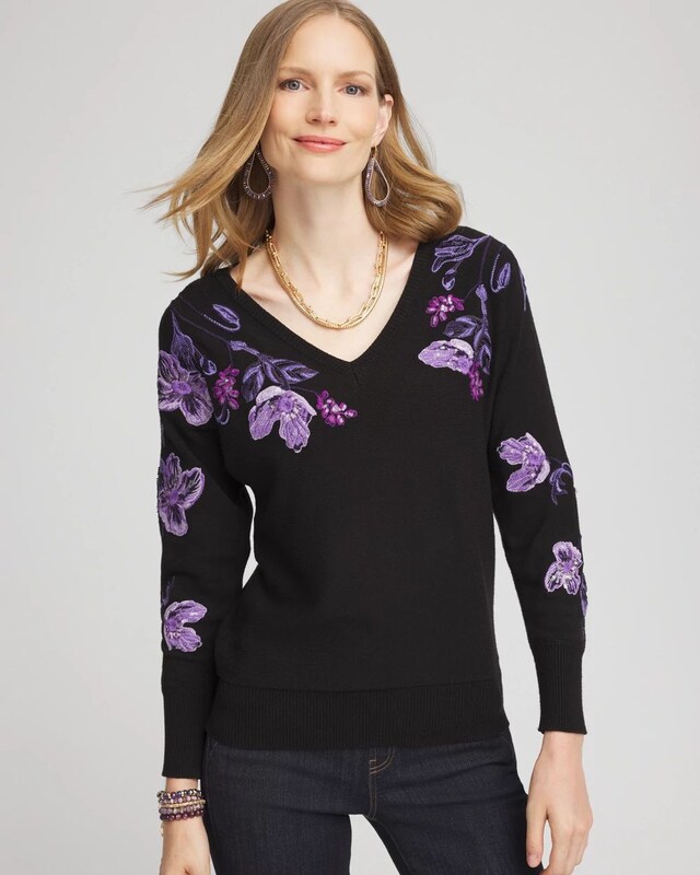 Embroidered V-Neck Dolman Sleeve Sweater - image 1